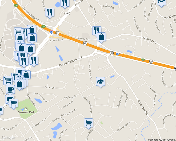 map of restaurants, bars, coffee shops, grocery stores, and more near 1729 Heffington Drive in Chesterfield