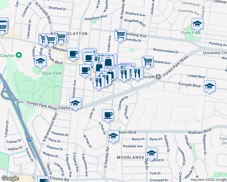 map of restaurants, bars, coffee shops, grocery stores, and more near 101 North Hanley Road in Clayton