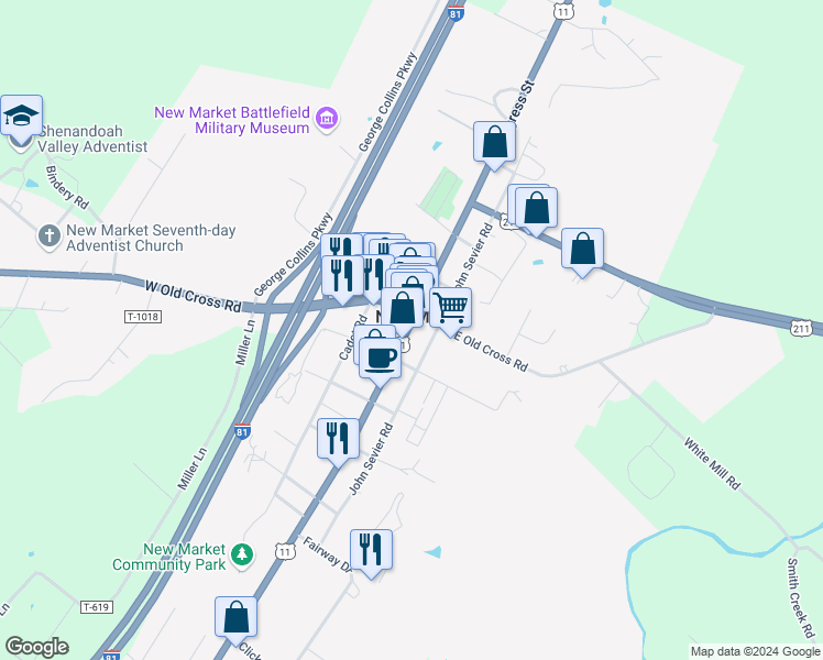 map of restaurants, bars, coffee shops, grocery stores, and more near 9396 South Congress Street in New Market