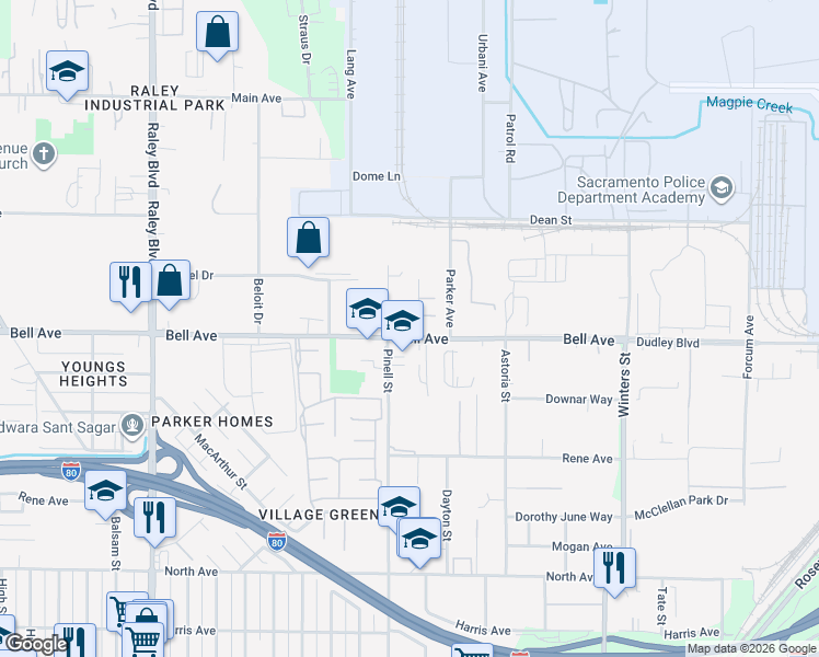 map of restaurants, bars, coffee shops, grocery stores, and more near 2011 Bell Avenue in Sacramento