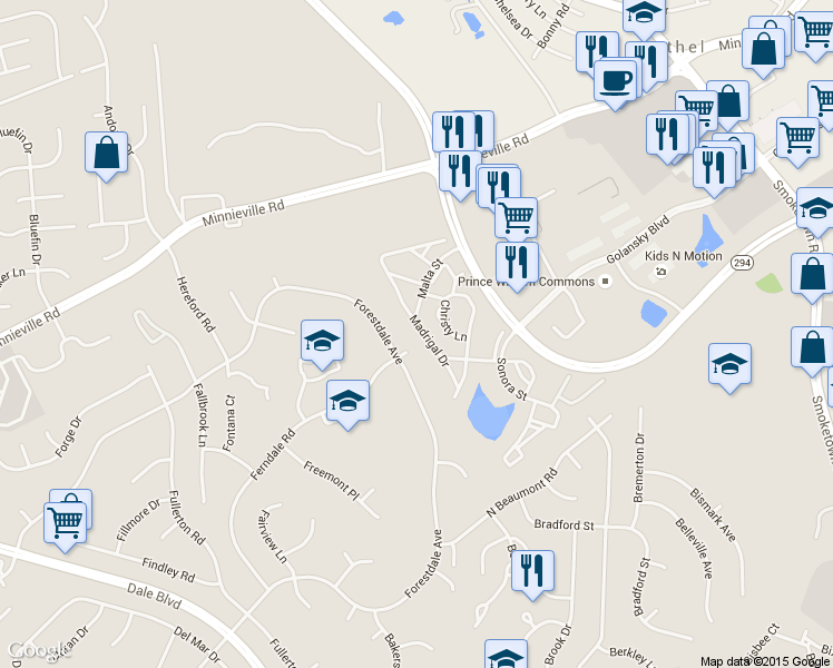 map of restaurants, bars, coffee shops, grocery stores, and more near 14176 Madrigal Drive in Woodbridge