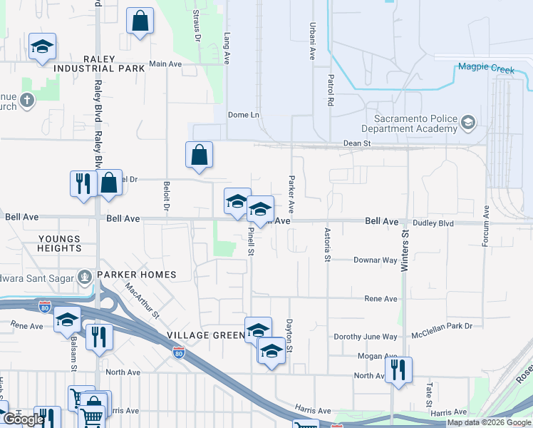 map of restaurants, bars, coffee shops, grocery stores, and more near 2011 Bell Avenue in Sacramento