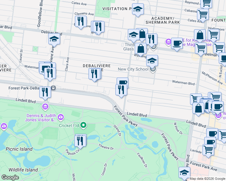map of restaurants, bars, coffee shops, grocery stores, and more near 5350 Pershing Avenue in St. Louis