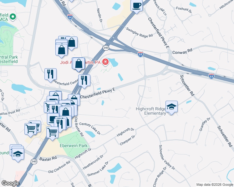 map of restaurants, bars, coffee shops, grocery stores, and more near 1512 Bedford Forge Court in Chesterfield