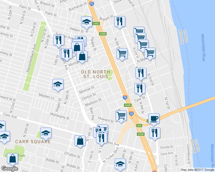 map of restaurants, bars, coffee shops, grocery stores, and more near 2207 Hadley Street in St. Louis