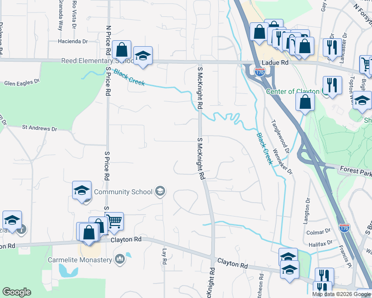 map of restaurants, bars, coffee shops, grocery stores, and more near 4 Ridgewood Road in St. Louis