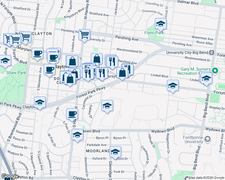 map of restaurants, bars, coffee shops, grocery stores, and more near 7451 Bland Drive in Clayton