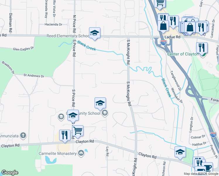 map of restaurants, bars, coffee shops, grocery stores, and more near 8 Ridgewood Road in St. Louis