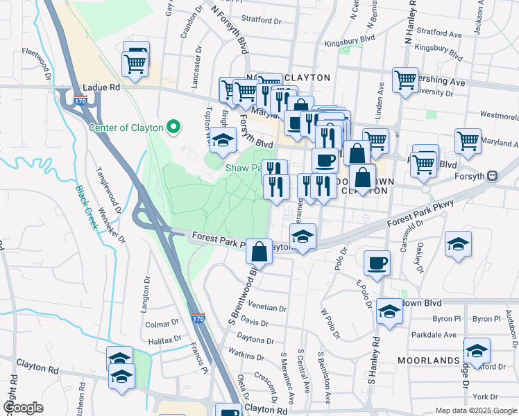 map of restaurants, bars, coffee shops, grocery stores, and more near 217 South Brentwood Boulevard in St. Louis