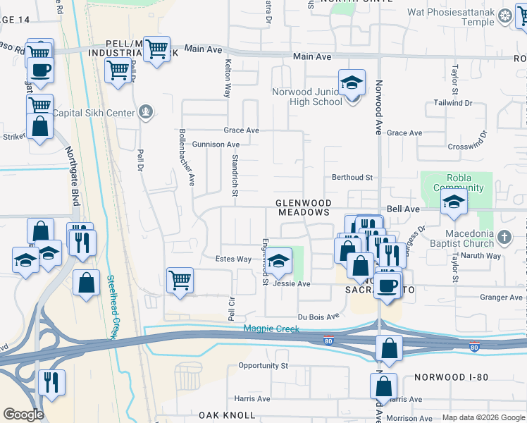 map of restaurants, bars, coffee shops, grocery stores, and more near 4391 Englewood St in Sacramento