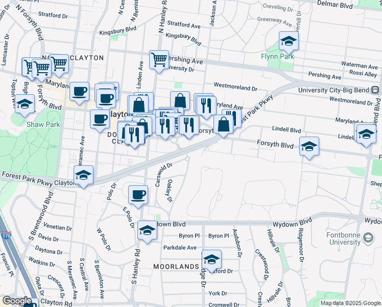 map of restaurants, bars, coffee shops, grocery stores, and more near 7605 Carswold Drive in Clayton