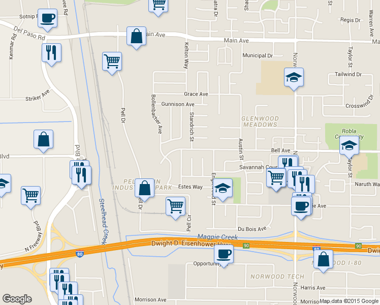 map of restaurants, bars, coffee shops, grocery stores, and more near 148 Bell Avenue in Sacramento