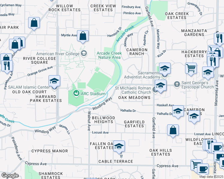 map of restaurants, bars, coffee shops, grocery stores, and more near 5217 Winding Way in Carmichael