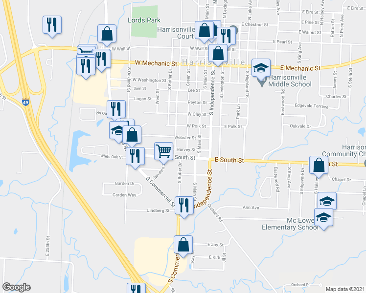 map of restaurants, bars, coffee shops, grocery stores, and more near 1106 Green Street in Harrisonville