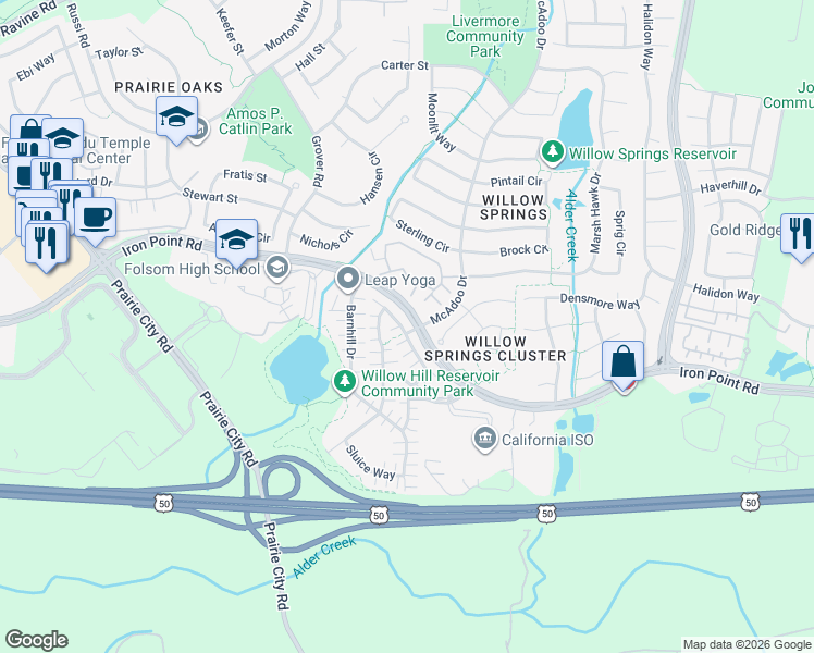 map of restaurants, bars, coffee shops, grocery stores, and more near 952 Willow Bridge Drive in Folsom