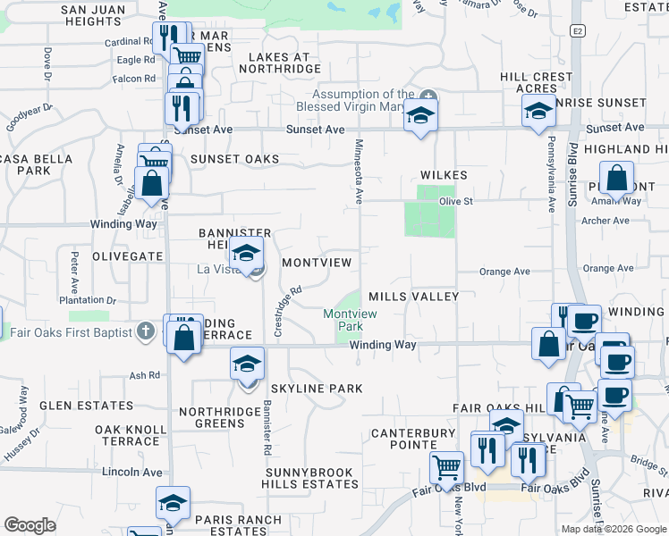 map of restaurants, bars, coffee shops, grocery stores, and more near 4540 Crestridge Road in Fair Oaks