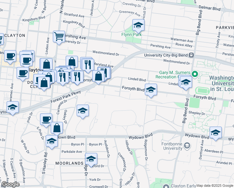 map of restaurants, bars, coffee shops, grocery stores, and more near 7307 Northmoor Drive in St. Louis