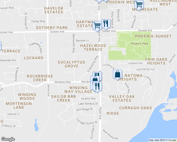 map of restaurants, bars, coffee shops, grocery stores, and more near 8858 North Winding Way in Fair Oaks