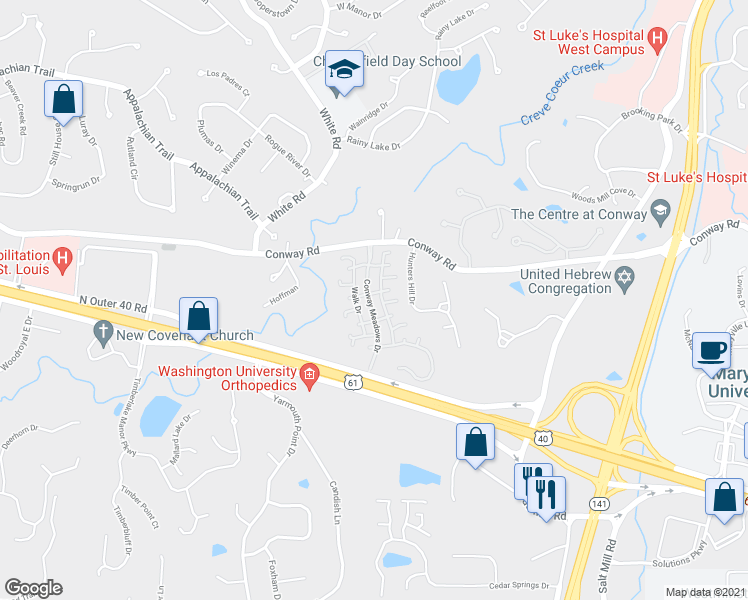 map of restaurants, bars, coffee shops, grocery stores, and more near 430 Conway Meadows Drive in Chesterfield