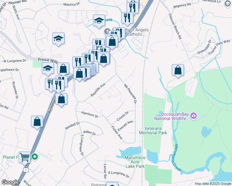 map of restaurants, bars, coffee shops, grocery stores, and more near 1262 Belle View Road in Woodbridge