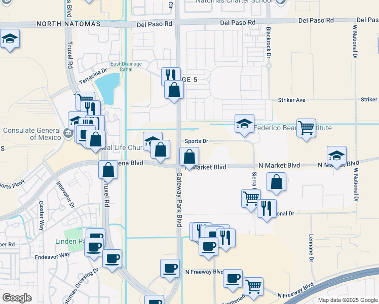 map of restaurants, bars, coffee shops, grocery stores, and more near 1747 North Market Boulevard in Sacramento