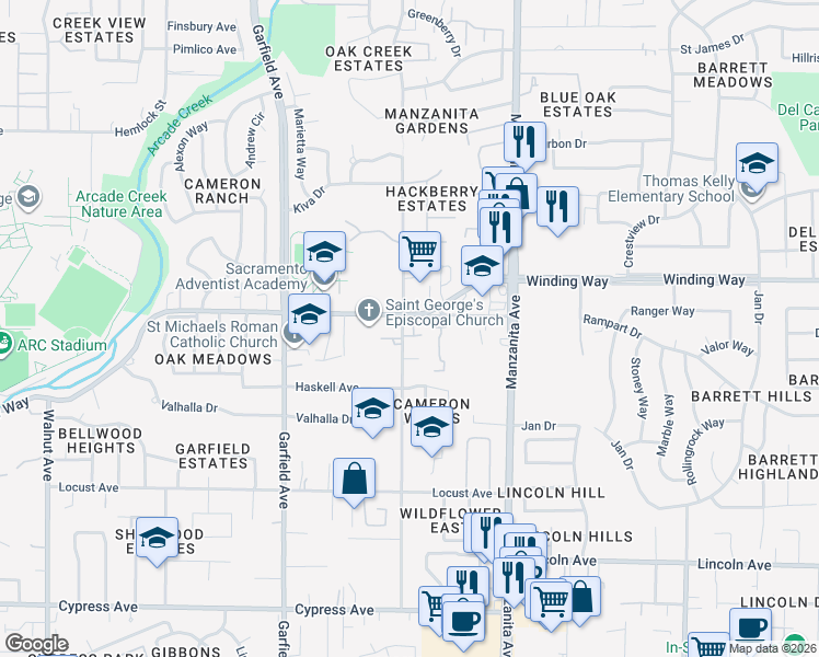 map of restaurants, bars, coffee shops, grocery stores, and more near 4537 Winding Tree Lane in Carmichael