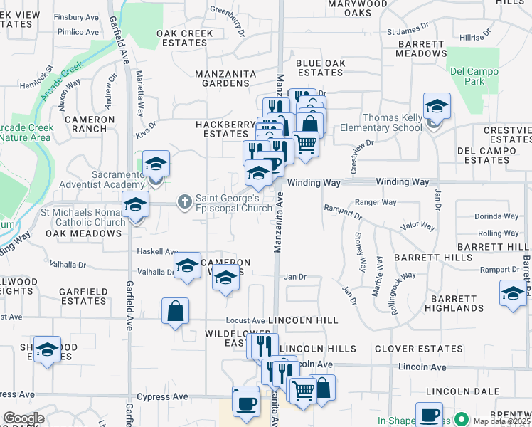 map of restaurants, bars, coffee shops, grocery stores, and more near 5750 Windmill Way in Carmichael