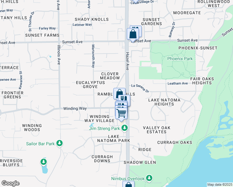 map of restaurants, bars, coffee shops, grocery stores, and more near 8868 North Winding Way in Fair Oaks