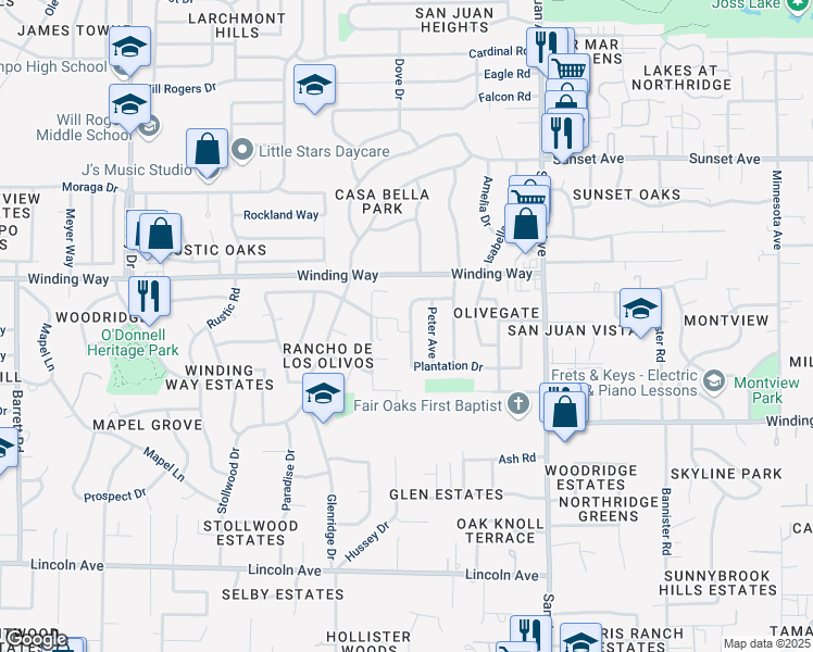 map of restaurants, bars, coffee shops, grocery stores, and more near 4621 Plantation Drive in Fair Oaks