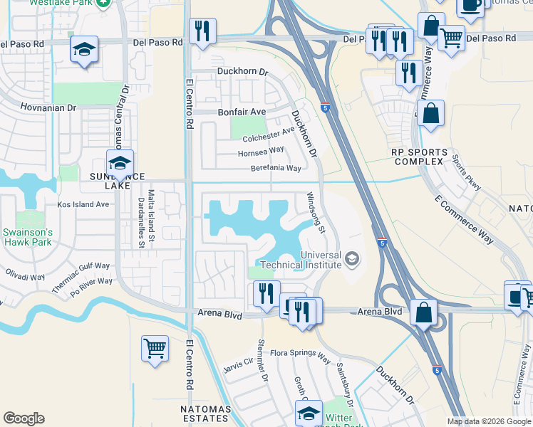 map of restaurants, bars, coffee shops, grocery stores, and more near 27 Sage Grouse Court in Sacramento