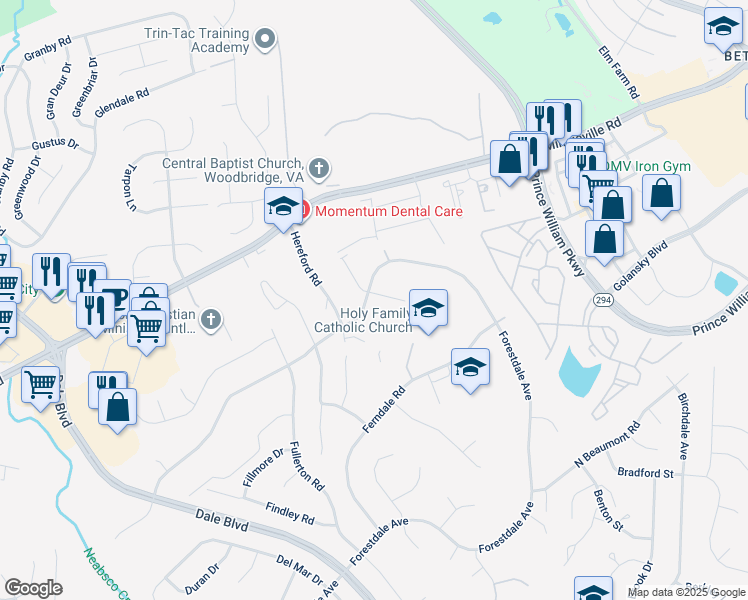 map of restaurants, bars, coffee shops, grocery stores, and more near 3713 Fairfield Lane in Woodbridge