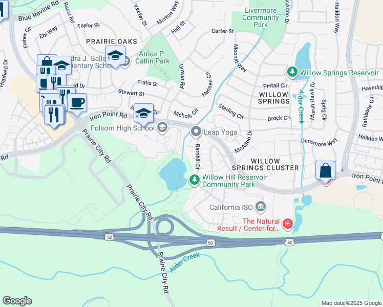 map of restaurants, bars, coffee shops, grocery stores, and more near 285 Barnhill Drive in Folsom