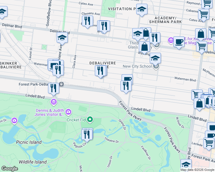map of restaurants, bars, coffee shops, grocery stores, and more near 5386-5390 Pershing Avenue in St. Louis