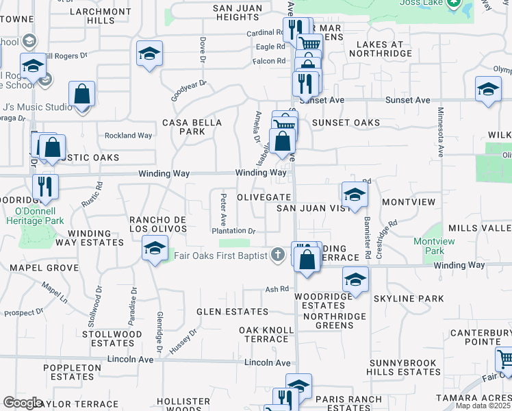 map of restaurants, bars, coffee shops, grocery stores, and more near 4528 Olivegate Drive in Fair Oaks