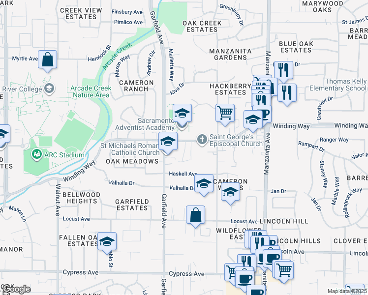 map of restaurants, bars, coffee shops, grocery stores, and more near 4543 Glover Way in Carmichael