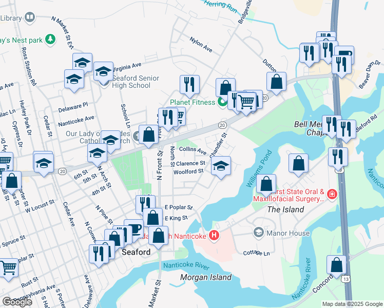 map of restaurants, bars, coffee shops, grocery stores, and more near 444 Thomas Street in Seaford
