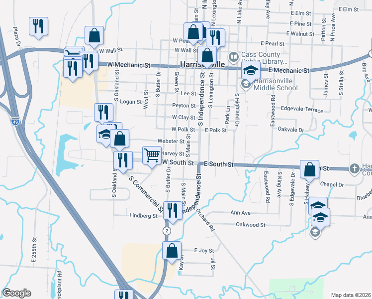 map of restaurants, bars, coffee shops, grocery stores, and more near 1104A South Main Street in Harrisonville