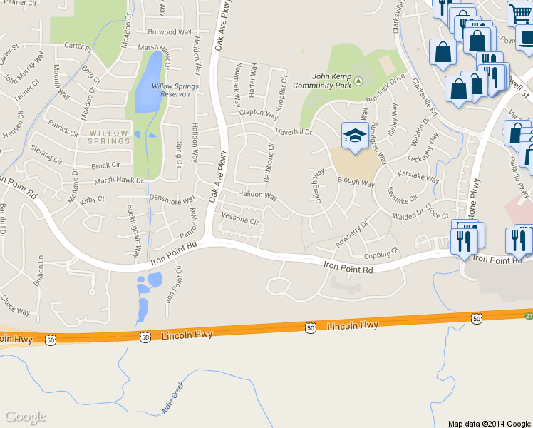 map of restaurants, bars, coffee shops, grocery stores, and more near 1414 Vessona Circle in Folsom