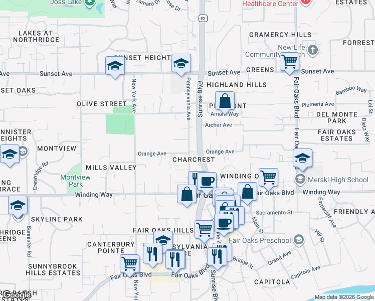 map of restaurants, bars, coffee shops, grocery stores, and more near 4524 Pennsylvania Avenue in Fair Oaks