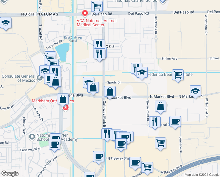 map of restaurants, bars, coffee shops, grocery stores, and more near 1747 North Market Boulevard in Sacramento