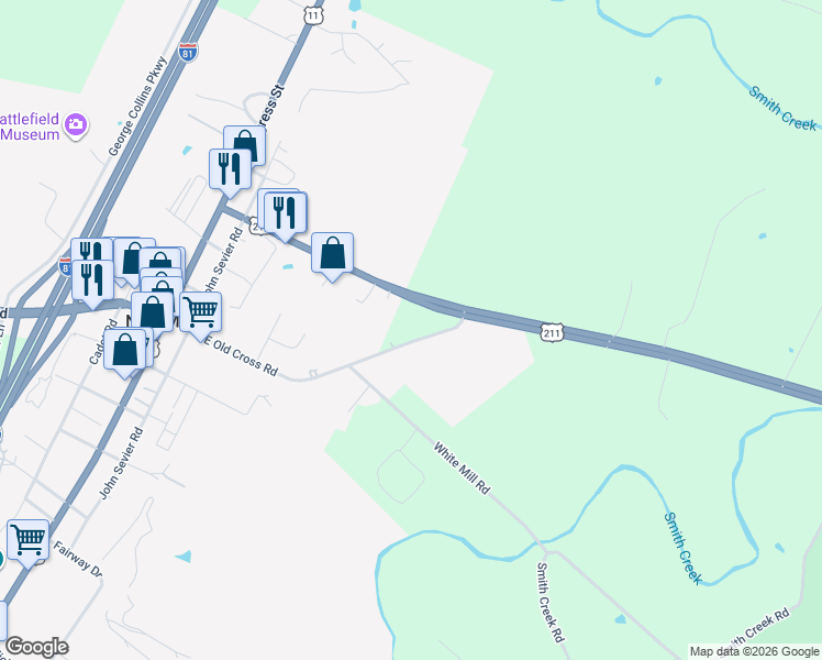 map of restaurants, bars, coffee shops, grocery stores, and more near E Old Cross Rd in New Market