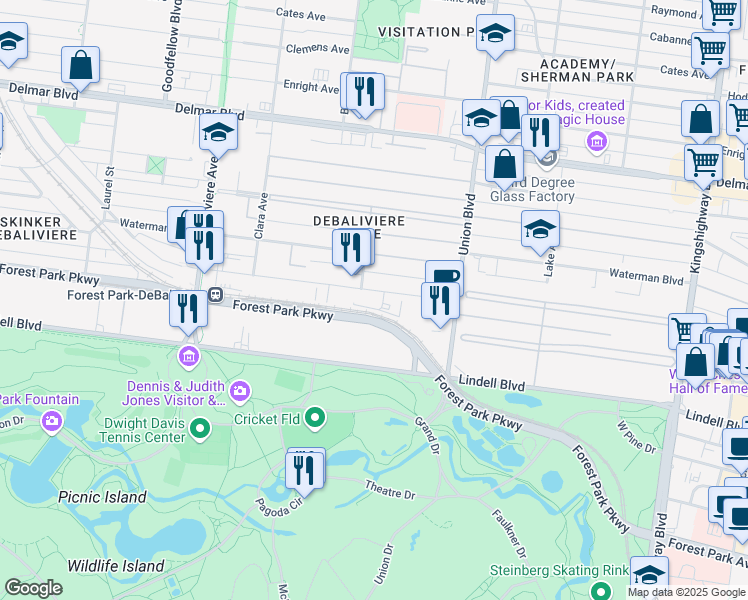 map of restaurants, bars, coffee shops, grocery stores, and more near 5370 Pershing Avenue in St. Louis