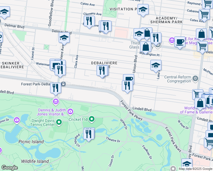 map of restaurants, bars, coffee shops, grocery stores, and more near 5370 Pershing Avenue in St. Louis