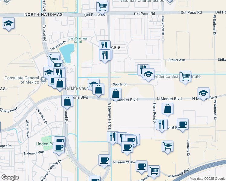 map of restaurants, bars, coffee shops, grocery stores, and more near 1747 North Market Boulevard in Sacramento