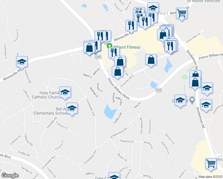map of restaurants, bars, coffee shops, grocery stores, and more near 14074 Kramer Place in Woodbridge