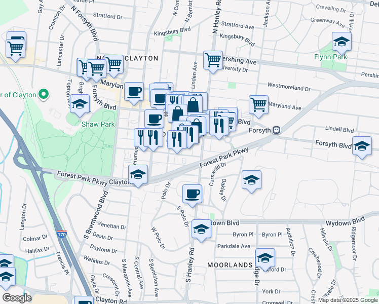 map of restaurants, bars, coffee shops, grocery stores, and more near 7711 Bonhomme Avenue in Clayton
