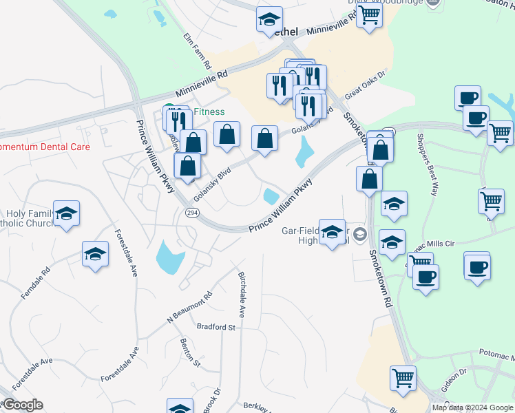 map of restaurants, bars, coffee shops, grocery stores, and more near 14080 Central Loop in Woodbridge