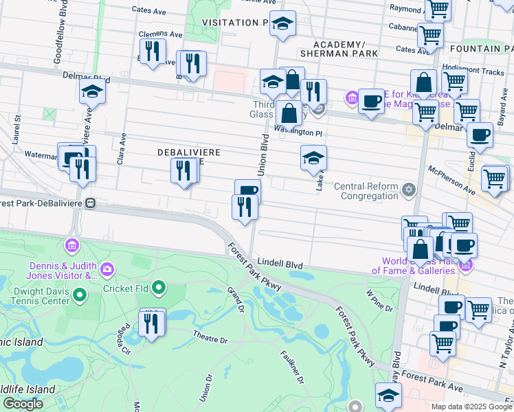 map of restaurants, bars, coffee shops, grocery stores, and more near Union Blvd & Pershing Ave in St Louis