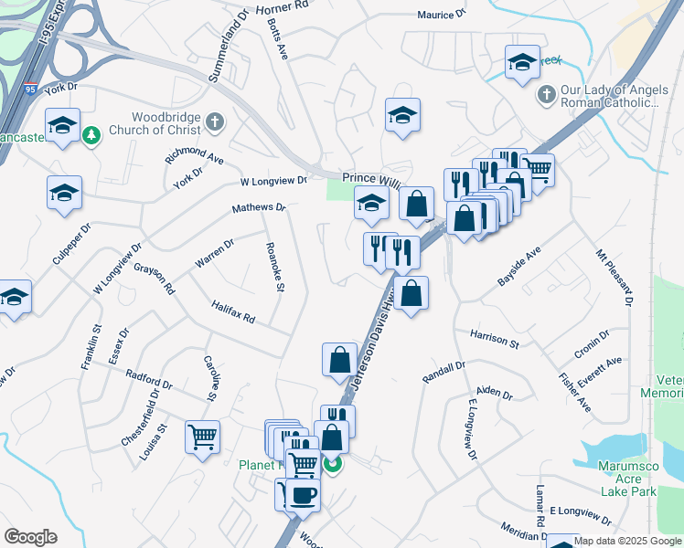 map of restaurants, bars, coffee shops, grocery stores, and more near 1712 Wigglesworth Way in Woodbridge