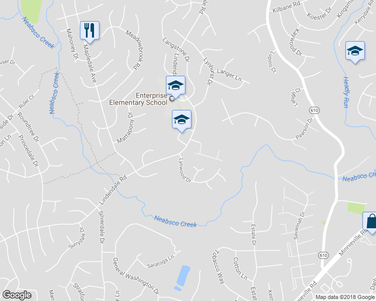 map of restaurants, bars, coffee shops, grocery stores, and more near 14025 Lindendale Road in Woodbridge